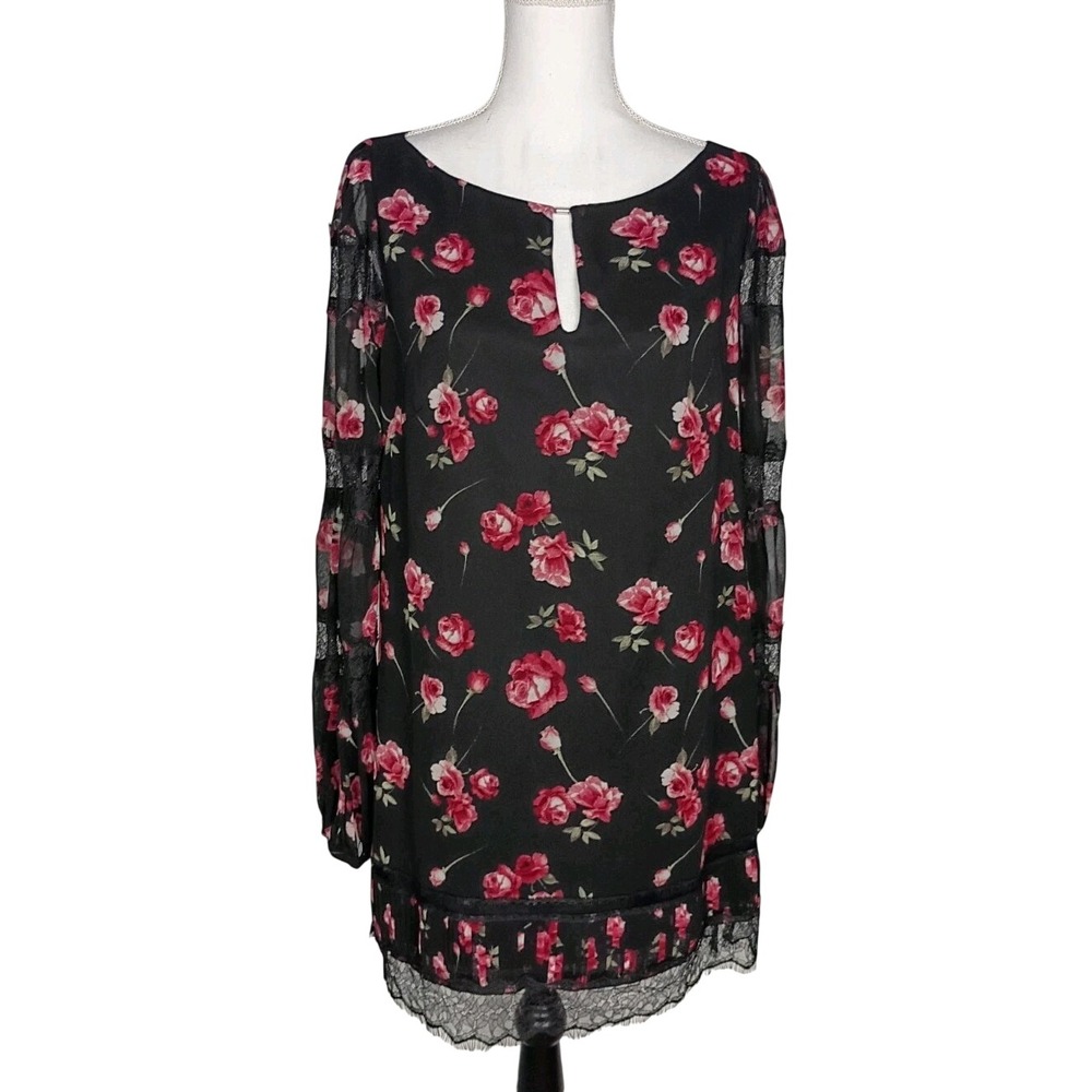 WHBM Women's Blouse Tunic Black Floral Medley Lace Trim Lantern Sleeve Sz 8 New